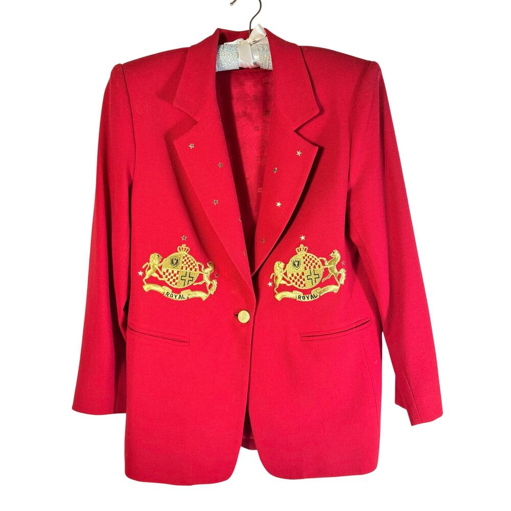 Vintage Harlan Jacket Womens Red Blazer Crest Button Preppy Career Chic Size 8